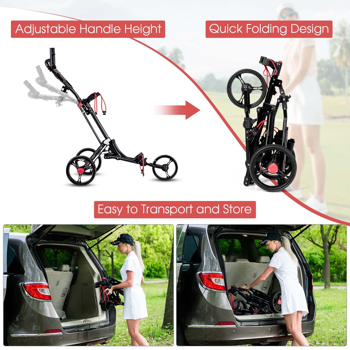 Costway Foldable 3 Wheel Steel Golf Pull Push Cart Trolley Club w/ Umb